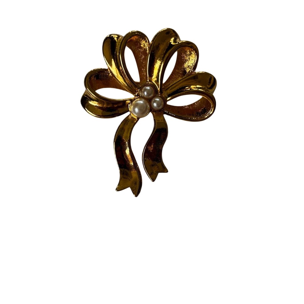 Avon Brooch OS Gold Faux Pearl Textured Ribbon Bow Vintage Coquette Pin